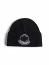 Moncler Black Wool Knit Logo Patch Beanie In Black