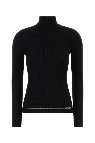 Moncler Turtleneck Long Sleeve Ribbed Wool Top In Black