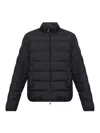 Moncler Quilted Down Jacket With High Collar And Logo Patch In Azul