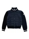 Moncler Blue Cardigan With Logo Patch Applied On The Sleeve In Wool And Tech Fabric Blend Boy In Blue