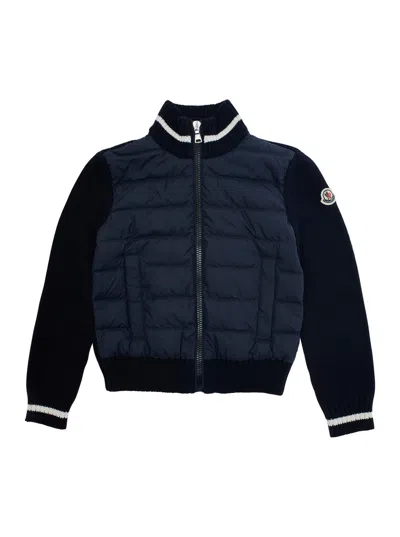 Moncler Kids' Blue Cardigan With Logo Patch Applied On The Sleeve In Wool And Tech Fabric Blend Boy