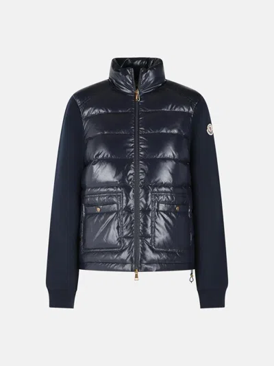 Moncler High Collar Cotton Blend Padded Sweater In Blue
