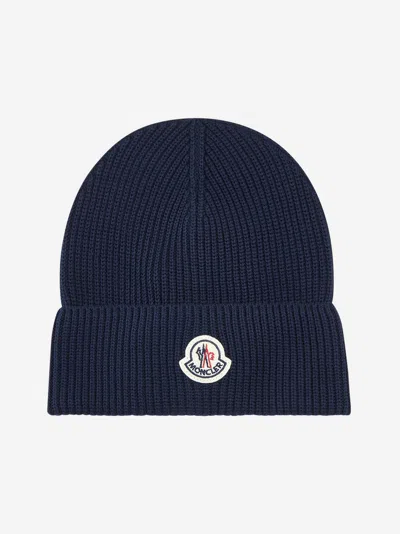 MONCLER BLUE COTTON LOGO PATCH BEANIE