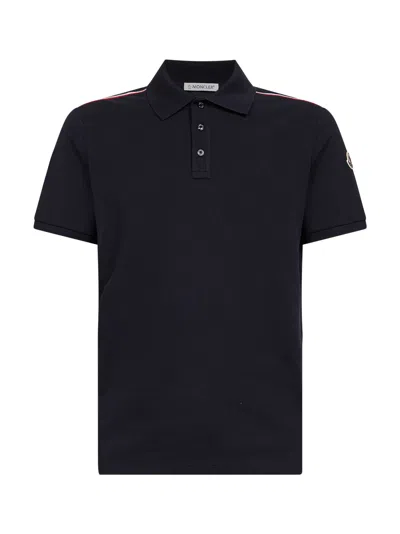 Moncler Blue Cotton Pique Polo Shirt With Tricolor Trims