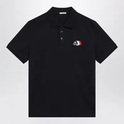 Moncler Blue Cotton Polo Shirt With Triple Crest Logo Patch In Black