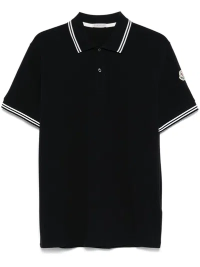 Moncler Men Cotton Pique Polo Shirt With Striped Hemline In Black