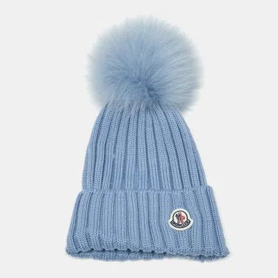 Pre-owned Moncler Blue Fur Pom Pom Rib Knit Beanie One Size