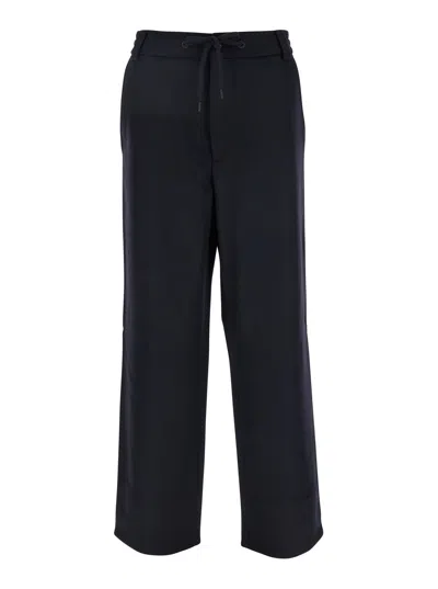 Moncler Blue Pants With Drawstring Elastic Waist And Logo Patch On The Rear In Wool Man In Multicolor