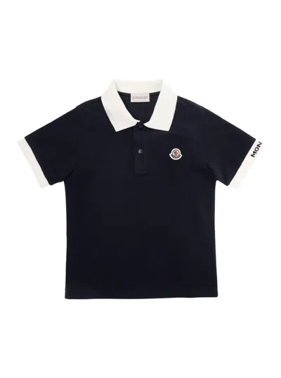 Moncler Kids' Logo Patch Cotton Piquet Polo Shirt In Blue