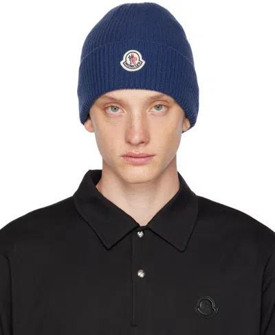 Moncler Blue Rolled Brim Beanie In 746 Blue