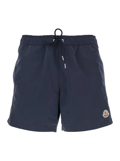 Moncler Blue Shorts With Elasticized Waist With Drawstring And Logo Patch On The Front In Tech Fabri