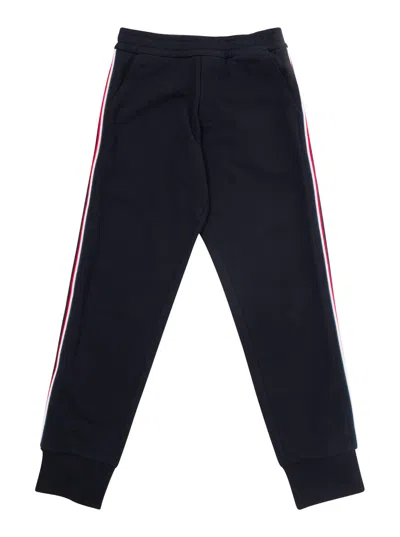MONCLER BLUE SPORTY PANTS WITH SIDE STRIPED BAND IN COTTON BOY