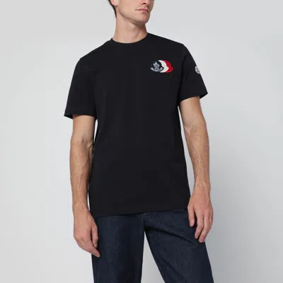 MONCLER BLUE T-SHIRT WITH EMBROIDERED TRICOLOR LOGO