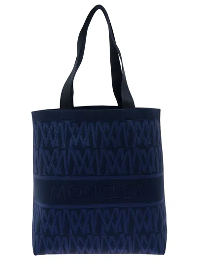 Moncler Blue Tote Bag With All-over Monogram In Nylon Blend Knit Man In Multicolor