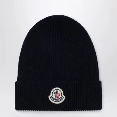 Moncler Blue Wool Beanie With Logo Patch