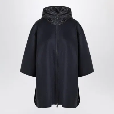 MONCLER BLUE WOOL BLEND CAPE WITH ZIP AND HOOD