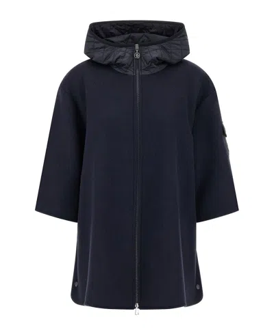 Moncler Blue Wool Blend Cape With Zip And Hood In Brown