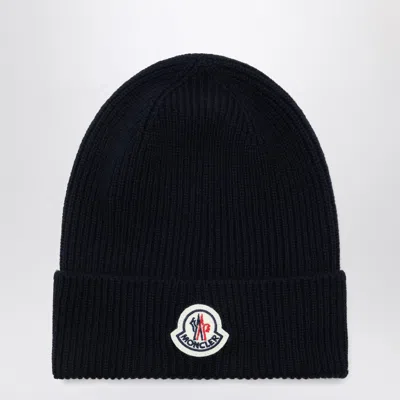 MONCLER MONCLER BLUE WOOL BONNET WITH LOGO PATCH 