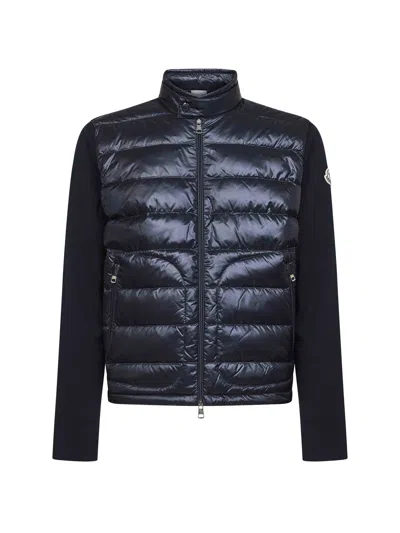 Moncler Blue Wool Zip-up Padded Cardigan In Black
