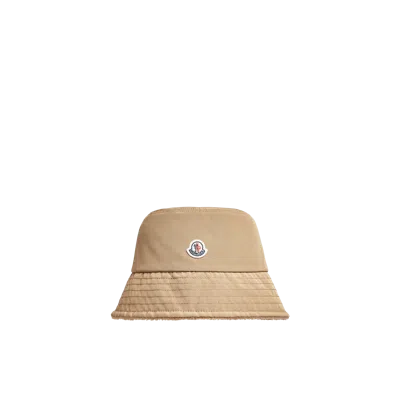 Moncler Logo Patch Narrow Brim Bucket Hat In Beige