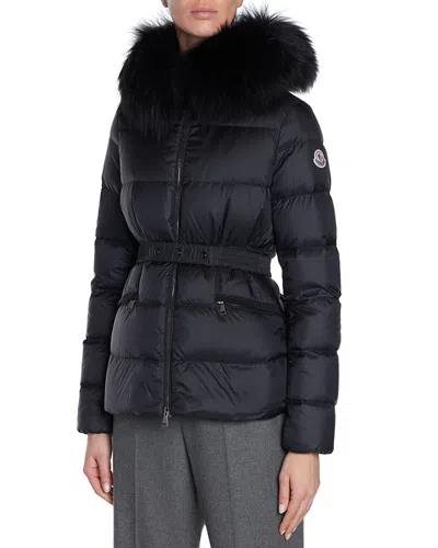 Moncler Boed Belted Down Jacket With Shearling Hood Trim In Black