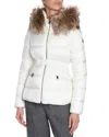 Moncler Boed Belted Down Jacket With Shearling Hood Trim In Silk White