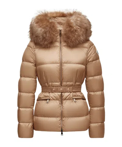 Moncler Boed Hooded Shearling-trimmed Short Down Jacket In Gold