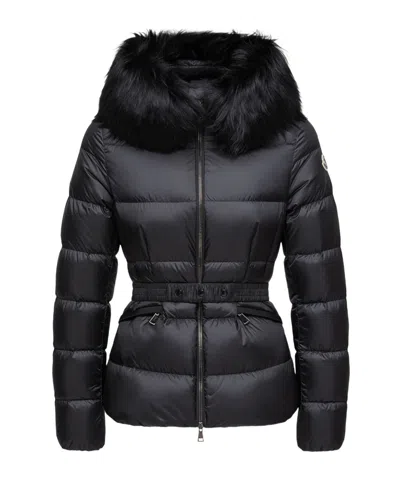Moncler Boed Hooded Shearling-trimmed Short Down Jacket In Black