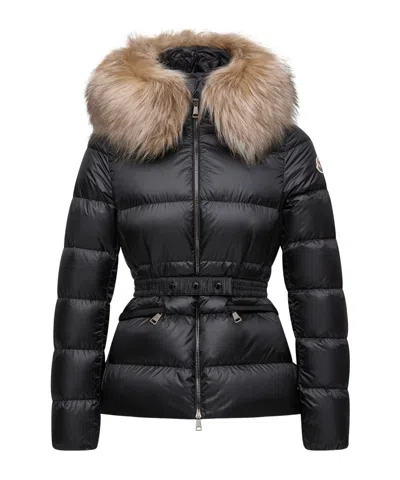 Moncler Boed Hooded Shearling-trimmed Short Down Jacket In Black