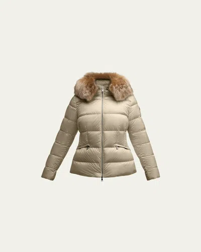 Moncler Boed Short Puffer Jacket With Shearling Hood Trim In Neutral