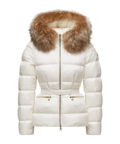 Moncler Boed Hooded Shearling-trimmed Short Down Jacket In White