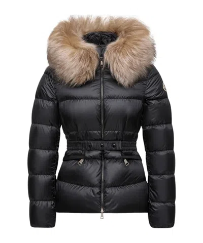 Moncler Boed Hooded Shearling-trimmed Short Down Jacket In Black