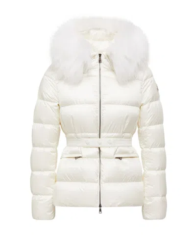 Moncler Boed Hooded Shearling-trimmed Short Down Jacket In White