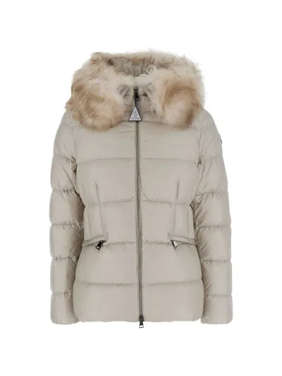 Moncler Boed Short Puffer Jacket With Shearling Hood Trim In Neutral