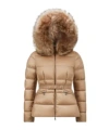 Moncler Boed Camel Beige Hooded Shearling Short Down Jacket Beige In Brown