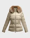 Moncler Boed Short Puffer Jacket With Shearling Hood Trim In Brown