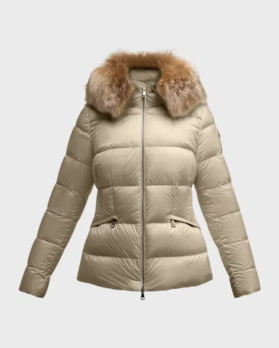 Moncler Boed Short Puffer Jacket With Shearling Hood Trim In Brown