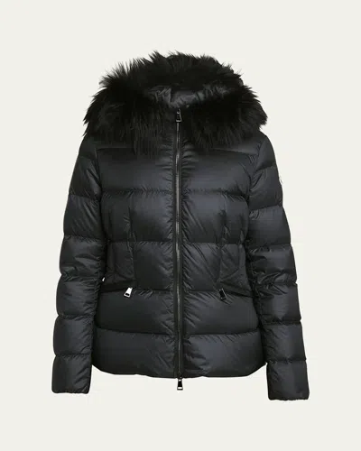 Moncler Boed Short Puffer Jacket With Shearling Hood Trim In Black