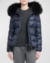 Moncler Boed Short Puffer Jacket With Shearling Hood Trim In Navy