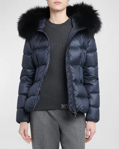 MONCLER BOED SHORT PUFFER JACKET WITH SHEARLING HOOD TRIM
