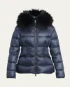 Moncler Boed Short Puffer Jacket With Shearling Hood Trim In Navy