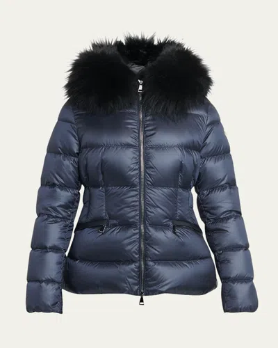 Moncler Boed Short Puffer Jacket With Shearling Hood Trim In Navy