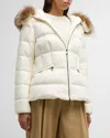 Moncler Boed Belted Down Jacket With Shearling Hood Trim In White