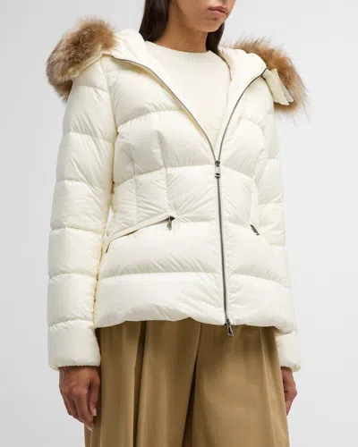 MONCLER BOED SHORT PUFFER JACKET WITH SHEARLING HOOD TRIM