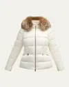 Moncler Boed Short Puffer Jacket With Shearling Hood Trim In White