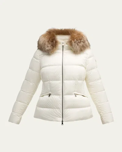 Moncler Boed Short Puffer Jacket With Shearling Hood Trim In White