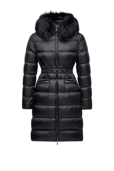 Moncler Boedic Hooded Shearling-trimmed Long Down Jacket In Black