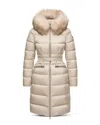 Moncler Boedic Hooded Shearling-trimmed Long Down Jacket In Neutral