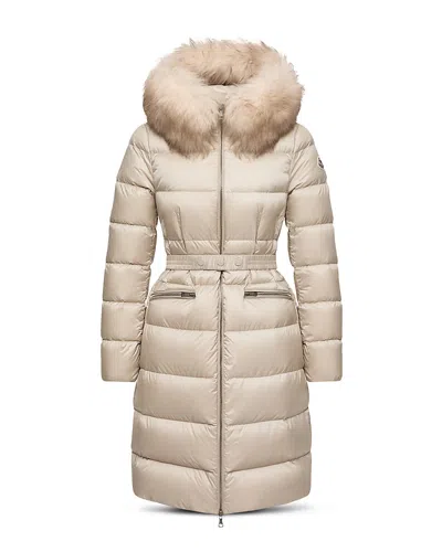MONCLER BOEDIC HOODED SHEARLING TRIMMED LONG DOWN JACKET