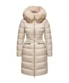 Moncler Boedic Hooded Shearling-trimmed Long Down Jacket In Neutral